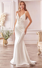 Load image into Gallery viewer, Cinderella Divine #CH236W Wedding Gown , Pageant gown, Off white, This full-length gorgeous satin gown is contoured with sculpting seams and ruching creating a flattering silhouette on the sleeveless fitted bodice, showcasing a plunging V neckline as the back flaunts a low cut open style with crisscross slender strap support. The skirt fits and flares from above the knee hemline
