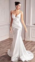 Load image into Gallery viewer, Cinderella Divine #CH236W Wedding Gown , Pageant gown, Off white, This full-length gorgeous satin gown is contoured with sculpting seams and ruching creating a flattering silhouette on the sleeveless fitted bodice, showcasing a plunging V neckline as the back flaunts a low cut open style with crisscross slender strap support. The skirt fits and flares from above the knee hemline
