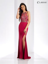 Load image into Gallery viewer, Clarissa #3513 Prom dress, pageant gown , Formal , Raspberry Size 14 Halter fit and flare knit dress with beaded top, cross back straps and front slit 
