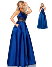 Load image into Gallery viewer, Envious #E1187  Size 12 Navy Beaded Mikado A-line Prom dress this gown features peekaboo black mesh at waist, Pockets, Zipper closure, fully lined.
