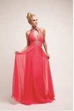 Load image into Gallery viewer, Cinderella Divine CD H3002 Prom dress, Pageant gown, This Halter style Prom gown has a unique collar , chiffon overlay , rhinestone beading, plunge neckline. watermelon, pink, coral, .
