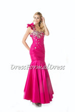 Load image into Gallery viewer, Cinderella #10602 Fuchsia size 8 Prom dress Pageant gown , Red Carpet ; Fit N Flare style , stretch taffeta , chunky acrylic AB rhinestones. ruffle accent , zipper closure size 8 Chest 34 Waist 28 Hip 36
