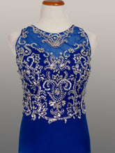 Load image into Gallery viewer, Star Box #6111, Royal Blue Prom dress, Mother of bride gown, or pageant dress  this A-Line design is well beaded with a peekaboo mesh bodice, moderate cup support, zipper closure
