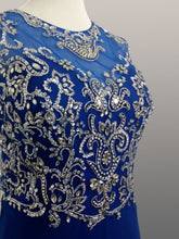 Load image into Gallery viewer, Star Box #6111, Royal Blue Prom dress, Mother of bride gown, or pageant dress  this A-Line design is well beaded with a peekaboo mesh bodice, moderate cup support, zipper closure
