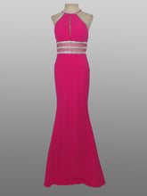 Load image into Gallery viewer, Clarisse #3411 fit n flare Prom gown , formal dress, Fuchsia Size 6 Mermaid style skirt, bodice constructed with boning an cup shape, stretch jersey knit with power mesh waistband and back , crystal rhinestone banding, keyhole mesh back, zipper , fully lined
