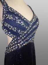 Load image into Gallery viewer, Sean Couture #143 All over sequin prom dress, pageant gown, sexy semi 2pc look, AB rhinestones , Bust area is size B/C cup , zipper closure, fully lined
