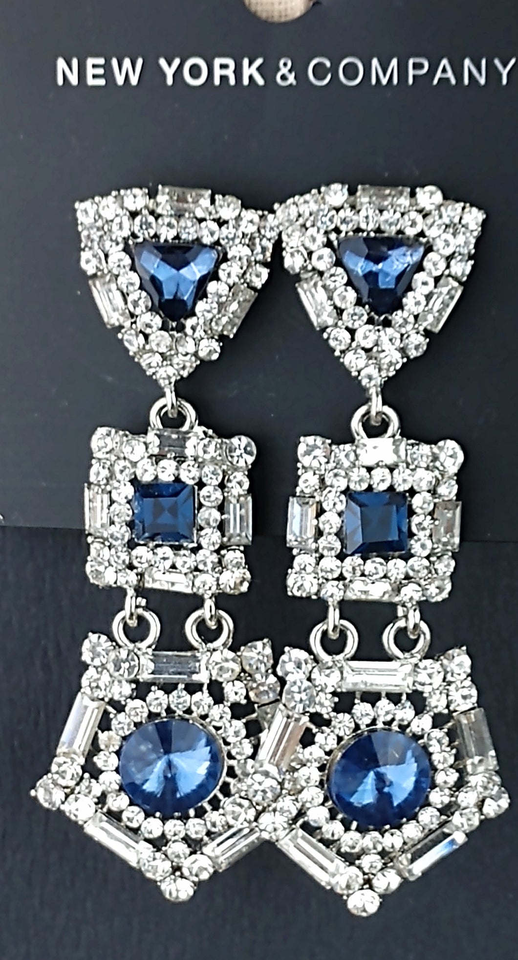 Post style earrings , chandelier design with sapphire and white crystal three tier , white gold mount lead and nickel free