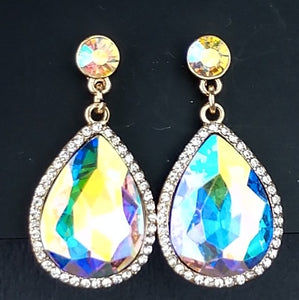 Post style earrings, semi chandelier 1.5" tear drop width is 3/4" , solid aurora borealis mounted in 14 carat gold frame , lead and nickel free