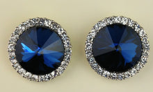 Load image into Gallery viewer, Ashley Collection post/stud sapphire blue rhinestone earrings ; Post style earrings , Sapphire Rondell cut with faucets, encased  with crystal rhinestone all around . lead and nickel free; made in china
