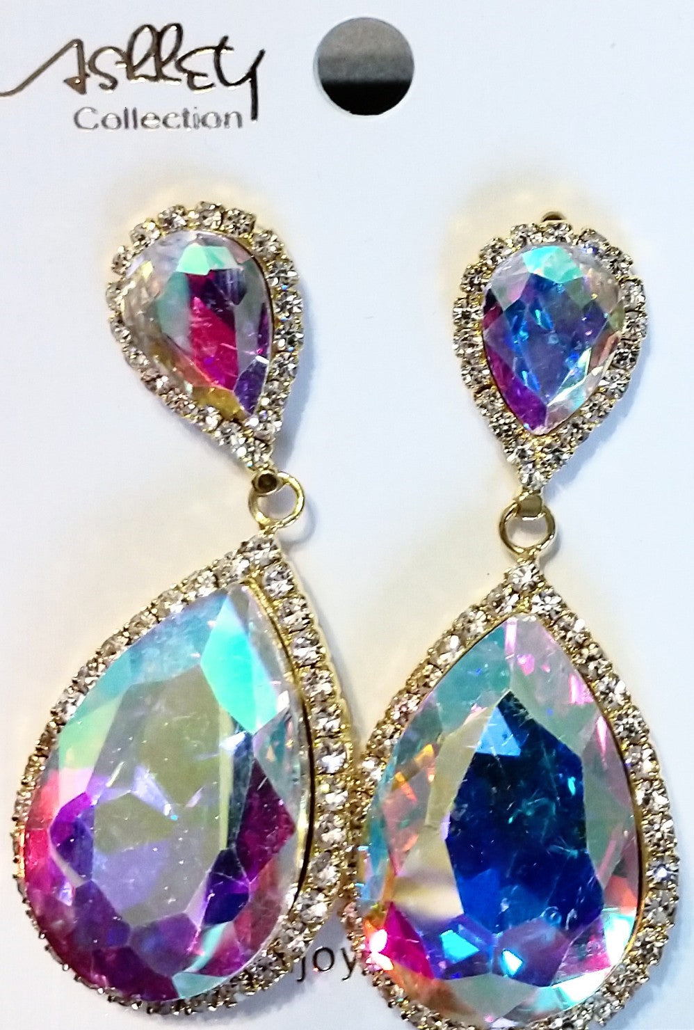 Ashley Collection AB post/stud Rhinestone earrings These are post style earrings , very stunning statement piece , great for Pageant or Wedding, AB tear drop stones are encased in small crystal rhinestones that adds even more sparkle. 2