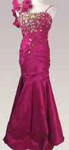 Load image into Gallery viewer, Cinderella #10602 Fuchsia size 8 Prom dress Pageant gown , Red Carpet ; Fit N Flare style , stretch taffeta , chunky acrylic AB rhinestones. ruffle accent , zipper closure size 8 Chest 34 Waist 28 Hip 36
