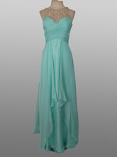 Load image into Gallery viewer, Aspeed Design ; #L1435 Size XS Color Aqua Prom gown has an A-Line style, chiffon overlay , Mesh neckline with crystal beading, fully lined, Zipper closure; 32 Chest 26 Waist 32 Hip
