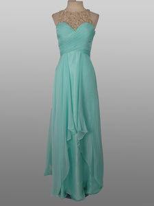 Aspeed Design ; #L1435 Size XS Color Aqua Prom gown has an A-Line style, chiffon overlay , Mesh neckline with crystal beading, fully lined, Zipper closure; 32 Chest 26 Waist 32 Hip