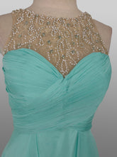 Load image into Gallery viewer, Aspeed Design ; #L1435 Size XS Color Aqua Prom gown has an A-Line style, chiffon overlay , Mesh neckline with crystal beading, fully lined, Zipper closure; 32 Chest 26 Waist 32 Hip
