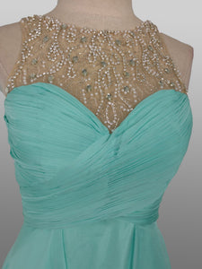 Aspeed Design ; #L1435 Size XS Color Aqua Prom gown has an A-Line style, chiffon overlay , Mesh neckline with crystal beading, fully lined, Zipper closure; 32 Chest 26 Waist 32 Hip