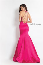 Load image into Gallery viewer, Rachel Allan #6170 Size 6 Color Fuchsia mermaid style satin skirt, halter style with beaded bodice, open back with beaded straps, fully lined petticoat sewn in , Zipper closure , horsehair hemline. 
