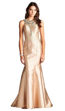 Load image into Gallery viewer, Aspeed Design #L1847 Size XS Color Cream (dress is lighter than the image ) Prom gown or pageant dress fit n flare formal is made with Mikado fabric ( no stretch) , the unique design has a bronze and pearl and copper beading , V neck mesh insert, semi open key hole back, Zipper closure 
