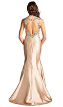 Load image into Gallery viewer, Aspeed Design #L1847 Size XS Color Cream (dress is lighter than the image ) Prom gown or pageant dress fit n flare formal is made with Mikado fabric ( no stretch) , the unique design has a bronze and pearl and copper beading , V neck mesh insert, semi open key hole back, Zipper closure 
