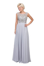 Load image into Gallery viewer, Star Box #6111 Prom dress this A-Line allover mesh bodice, moderate cup support, medium weight georgette skirt ,zipper closure silver grey
