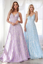 Load image into Gallery viewer, Cinderella Divine #CB055. This stellar A-line prom gown , in Blush, Blue or Lavender  spectacular sequin scroll pattern on mesh overlay, showcases a flattering illusion deep V neckline on the fitted bodice with sheer mesh inset while the back flaunts a wide V shape mid-open cut enclosed with a center zipper closure. The fitted bodice is styled with princess seams while being held by beaded spaghetti straps.
