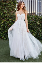 Load image into Gallery viewer, Cinderella Divine CB065W Off White this A-line all over lace strapless wedding dress, layered tulle skirt with slit, lace applique over structured bodice.
