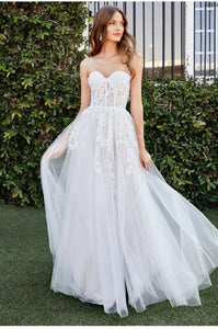 Cinderella Divine CB065W Off White this A-line all over lace strapless wedding dress, layered tulle skirt with slit, lace applique over structured bodice.