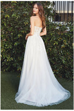 Load image into Gallery viewer, Cinderella Divine CB065W Off White this A-line all over lace strapless wedding dress, layered tulle skirt with slit, lace applique over structured bodice.
