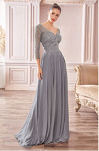 Load image into Gallery viewer, Cinderella Divine #CD0171 Smokey - Blue Size Large; Flowy chiffon a-line gown with three-quarter sleeves and trickle embellished bodice ;
