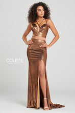 Load image into Gallery viewer, Mon Cheri by Colette #CL12046 Size 6 ; Prom dress , Party gown ,formal  Color Copper ; Colette CL12046 Prom gown this 2pc dress is Sleeveless an the fabric is ; metallic stretch lame it is a two-piece ; sheath gown with a plunging crisscross V-neck, natural waist, thigh slit and a sweep train. 
