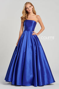 Colette 12076 White Dress Size 4 White  Prom dress, pageant gown, homecoming formal ( photo shown is not available in Royal Blue) Strapless Mikado ball gown with a straight neckline, natural waist, lace up back, full skirt w/ zipper at waist, ; horsehair hem detail, side Pockets. 