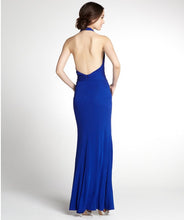 Load image into Gallery viewer, ABS Royal Blue Prom Gown by Allan Schwartz Cobalt Blue Halter style Jersey knit , Prom gown stretch formal Party dress pleated bodice , very easy to wear and elegant 
