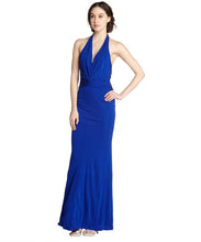 Load image into Gallery viewer, ABS Royal Blue Prom Gown by Allan Schwartz Cobalt Blue Halter style Jersey knit , Prom gown stretch formal Party dress pleated bodice , very easy to wear and elegant 
