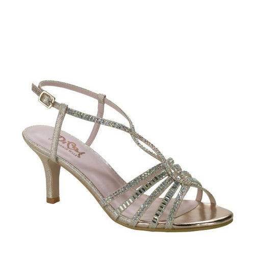 Diva Shoe In Champagne #D102 Girls pageant heels , children formal shoe ;This fun strappy jeweled sandal features a comfortable 2.25 inch heel with a nice glitter material and synthetic sole.