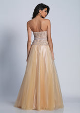 Load image into Gallery viewer, Dave &amp; Johnny #3321W Size 20W Color Champaign ; A-Line Plus size Mother of the bride , Evening gown Prom gown has a fully beaded bodice with a simulated belt look , the skirt is tulle overlay fully lined with petticoat , 1&quot;wide straps are included just not shown in this image and can be removed . 
