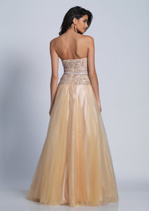 Dave & Johnny #3321W Size 20W Color Champaign ; A-Line Plus size Mother of the bride , Evening gown Prom gown has a fully beaded bodice with a simulated belt look , the skirt is tulle overlay fully lined with petticoat , 1"wide straps are included just not shown in this image and can be removed . 