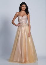 Load image into Gallery viewer, Dave &amp; Johnny #3321W Size 20W Color Champaign ; A-Line Plus size Mother of the bride , Evening gown Prom gown has a fully beaded bodice with a simulated belt look , the skirt is tulle overlay fully lined with petticoat , 1&quot;wide straps are included just not shown in this image and can be removed . 
