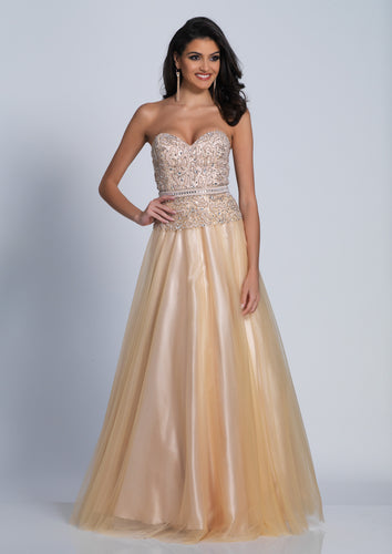 Dave & Johnny #3321W Size 20W Color Champaign ; A-Line Plus size Mother of the bride , Evening gown Prom gown has a fully beaded bodice with a simulated belt look , the skirt is tulle overlay fully lined with petticoat , 1