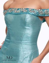 Load image into Gallery viewer, Mac Duggal ; #30577 Size 12 Color Aqua Marine ( stock image has a different hue see photos for actually dress ) ; Mac Duggal #30577 Prom dress mermaid style aqua marine ( photo is slightly darker than actual dress see added pics ) , glitter taffeta ;fabric , off the shoulder neckline with crystal beading , zipper closure. see size chart for measurements
