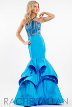 Load image into Gallery viewer, Rachel Allan #E1063 Size 6 Color Turquoise This Mermaid style prom gown has Mikado fabric (no stretch), open back with crisscross 1&quot; straps, fun multi layered hemline with long flounce that adds movement and interest to this fun look the hem has horsehair to add more definition along with a crisp edge , it is fully lined and includes a crinoline ;petticoat, Zipper closure. 
