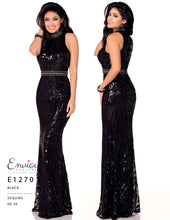 Load image into Gallery viewer, Envious #1270 Black All over sequin, Prom, Pageant, Evening, Gown, Formalwear, high neckline, fitted skirt with some stretch, crystal beading added at the waist , zipper closure size 16
