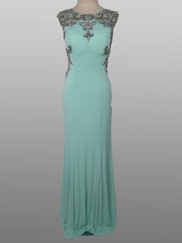 Aspeed Design ; #L1642 Size XS Color Mint Prom dress is a shift style jersey knit with gunmetal beading , cap sleeves , open back , Zipper closure 32 chest 26 waist 32 hip