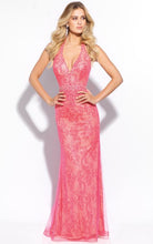 Load image into Gallery viewer, Madison James #17208 ; Size 4 Coral Halter style nicely fitted shift style gown with allover lace lined in a nude satin knit, bra back hook set closure, skirt has Zipper closure.
