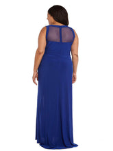 Load image into Gallery viewer, Morgan &amp; Company #12454 Size 18 Color Royal Blue Morgan &amp; Company #12454 Shift style Prom Dress jersey knit with a slit in skirt, mesh inserts, crystal acrylic beads, zipper closure. measurements: 38 chest 30 waist 46 hip
