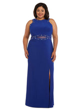 Load image into Gallery viewer, Morgan &amp; Company #12454 Size 18 Color Royal Blue Morgan &amp; Company #12454 Shift style Prom Dress jersey knit with a slit in skirt, mesh inserts, crystal acrylic beads, zipper closure. measurements: 38 chest 30 waist 46 hip
