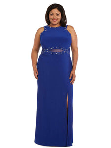 Morgan & Company #12454 Size 18 Color Royal Blue Morgan & Company #12454 Shift style Prom Dress jersey knit with a slit in skirt, mesh inserts, crystal acrylic beads, zipper closure. measurements: 38 chest 30 waist 46 hip