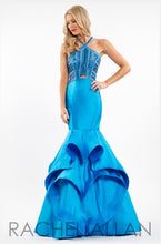 Load image into Gallery viewer, Rachel Allan #E1063 Size 6 Color Turquoise This Mermaid style prom gown has Mikado fabric (no stretch), open back with crisscross 1&quot; straps, fun multi layered hemline with long flounce that adds movement and interest to this fun look the hem has horsehair to add more definition along with a crisp edge , it is fully lined and includes a crinoline ;petticoat, Zipper closure. 
