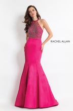 Load image into Gallery viewer, Rachel Allan #6170 Size 6 Color Fuchsia mermaid style satin skirt, halter style with beaded bodice, open back with beaded straps, fully lined petticoat sewn in , Zipper closure , horsehair hemline. 
