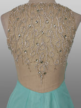 Load image into Gallery viewer, Aspeed Design ; #L1435 Size XS Color Aqua Prom gown has an A-Line style, chiffon overlay , Mesh neckline with crystal beading, fully lined, Zipper closure; 32 Chest 26 Waist 32 Hip
