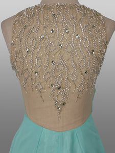 Aspeed Design ; #L1435 Size XS Color Aqua Prom gown has an A-Line style, chiffon overlay , Mesh neckline with crystal beading, fully lined, Zipper closure; 32 Chest 26 Waist 32 Hip