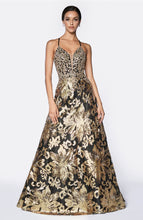 Load image into Gallery viewer, Cinderella Divine #CD0125 Prom dress A-line style bodice features a mesh plunge insert fabric is a unique gold sequin raised 3 D floral design, spaghetti straps that cross in the back, fully lined with added crinoline, zipper closure.
